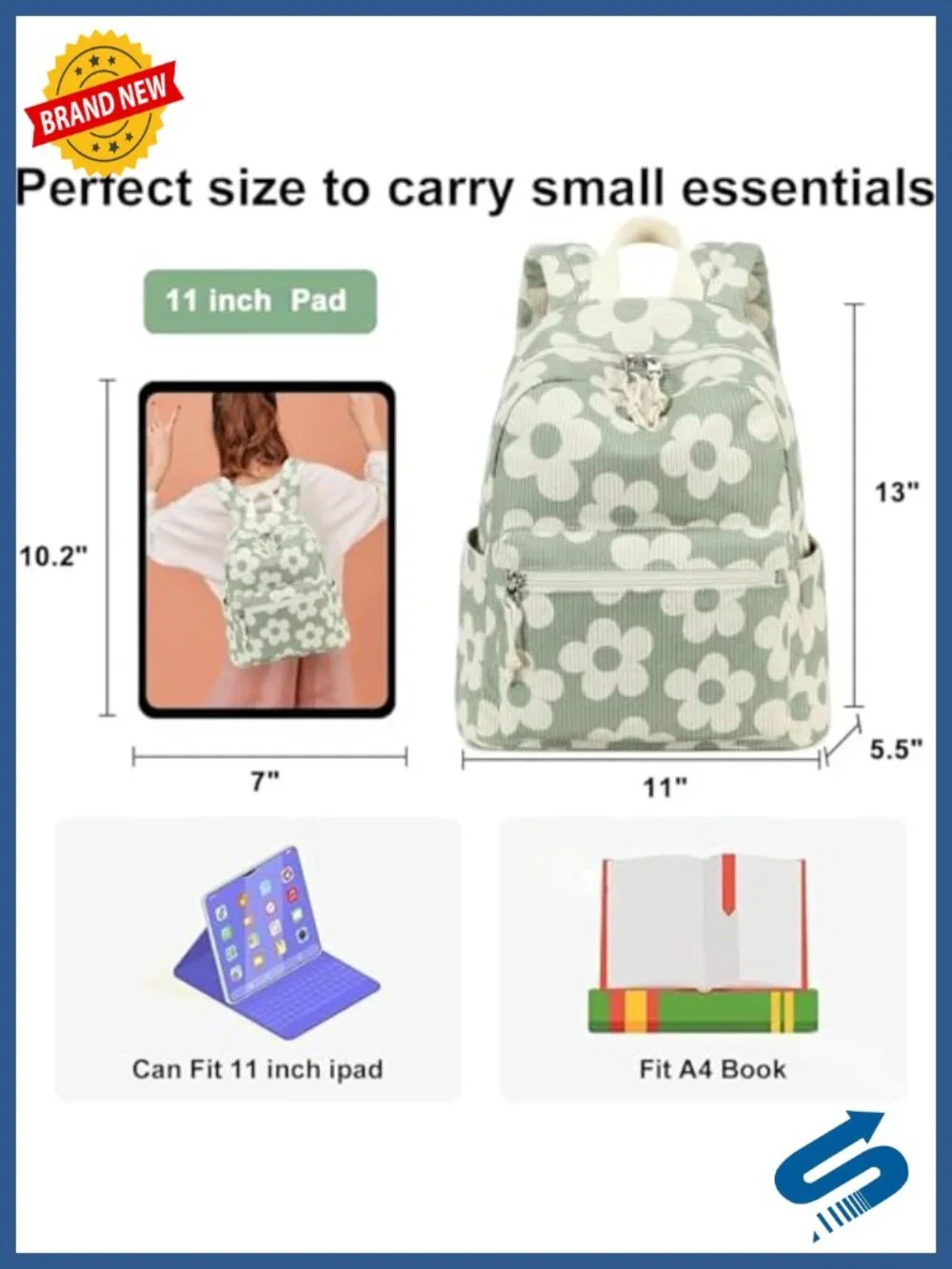 Corduroy Mini Backpack Purse with Floral Pattern - 13